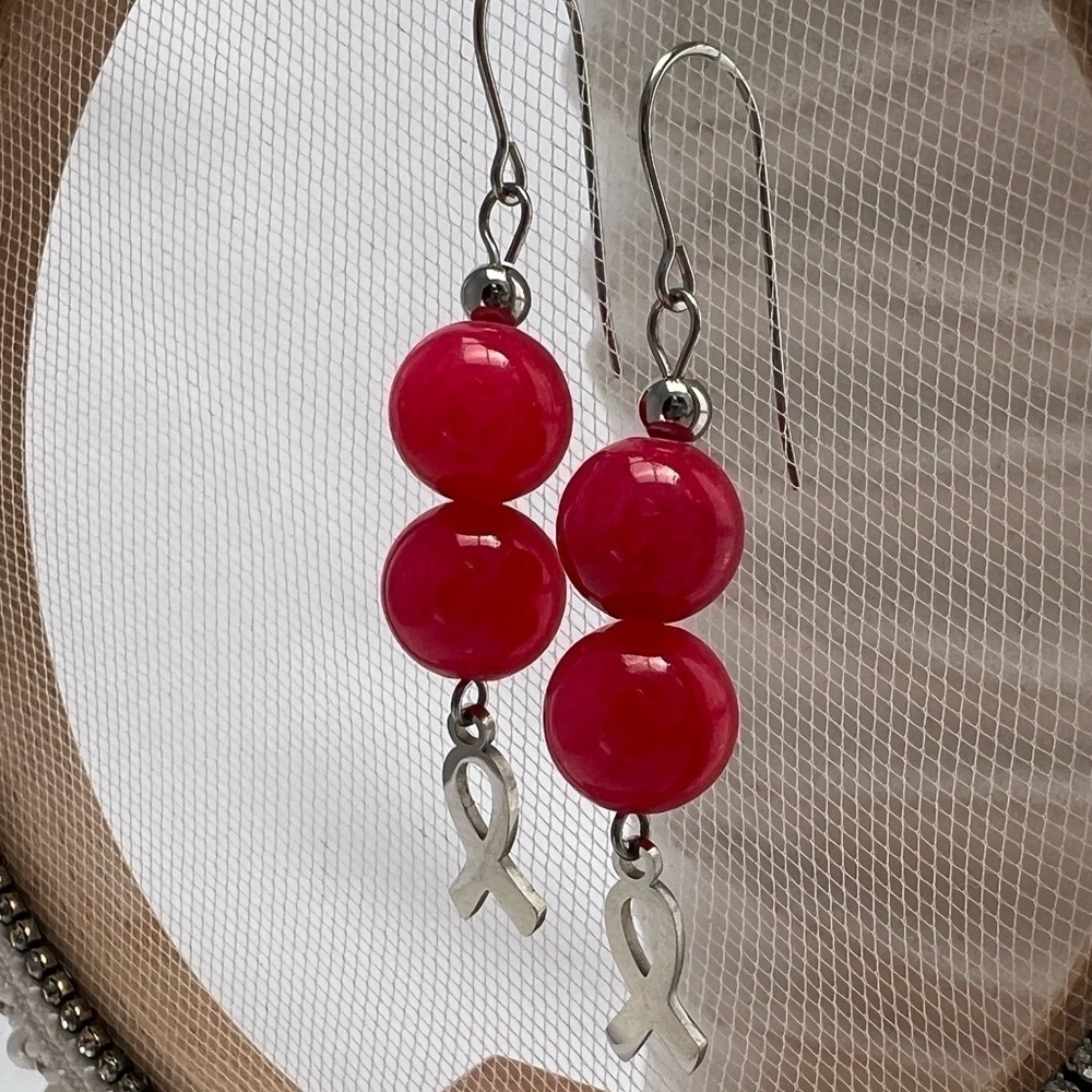 Pink Jade Awareness Ribbon Dangle Earrings - Picture 3 of 11